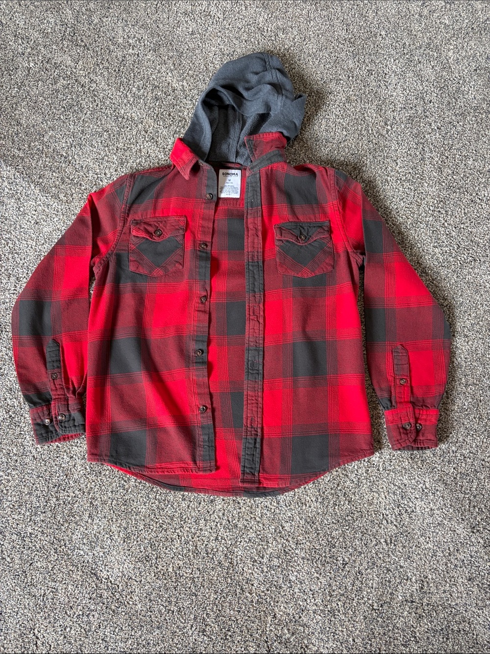 Boys Sonoma Red and Black Plaid Button-Down Shirt with Hood Size M 10-12